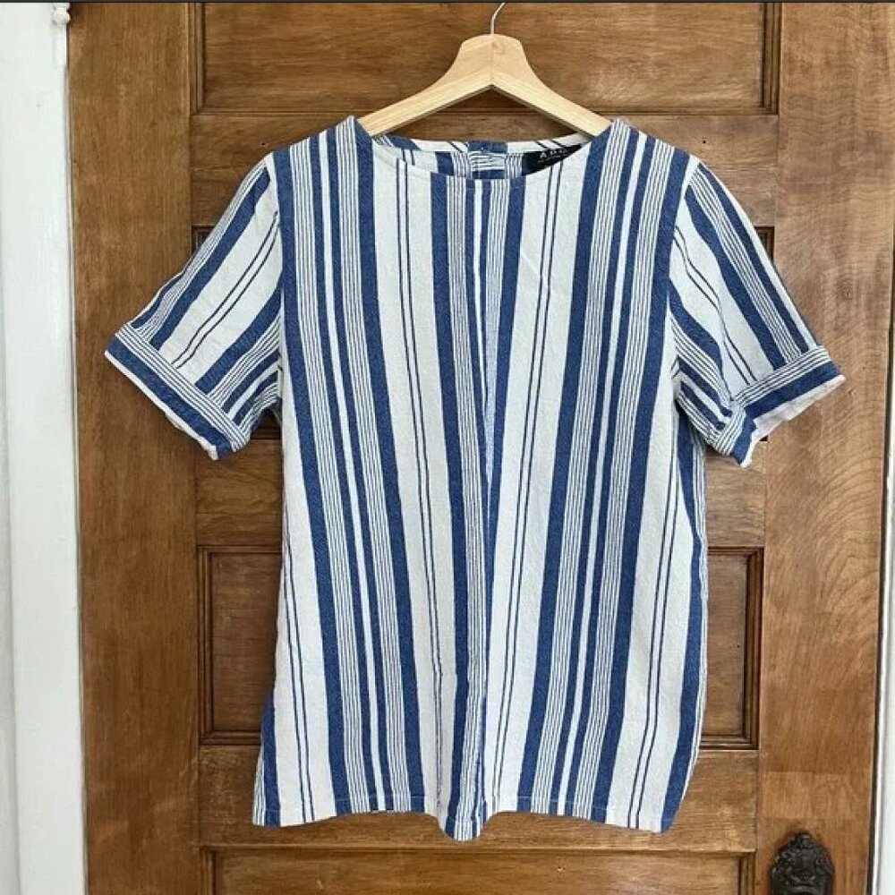 A.P.C. Rue Madam Paris Bateau Striped Short Sleeve Cotton Shirt - Sz 8/10